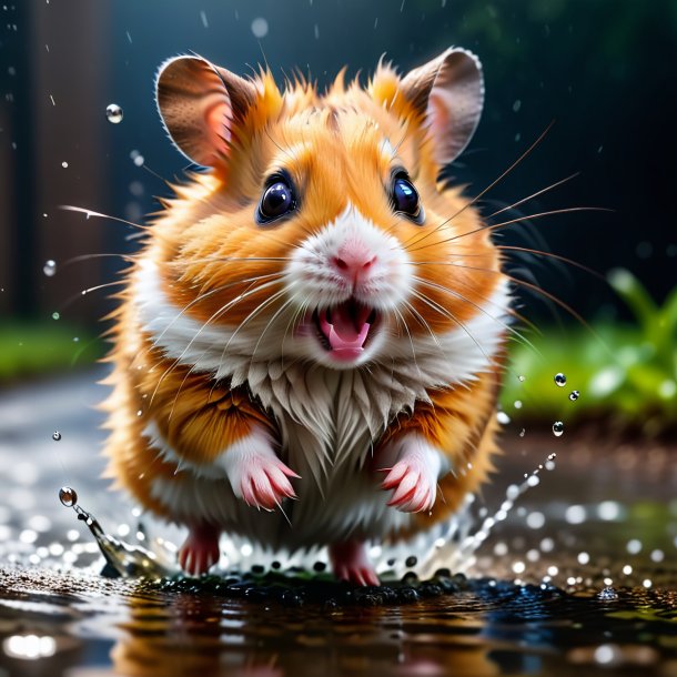 Photo of a jumping of a hamster in the puddle