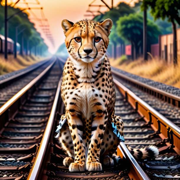 Pic of a cheetah in a skirt on the railway tracks