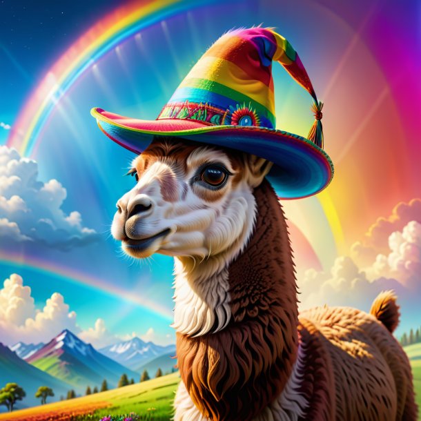 Illustration of a llama in a hat on the rainbow