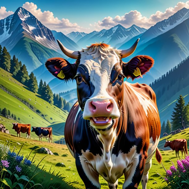 Picture of a smiling of a cow in the mountains