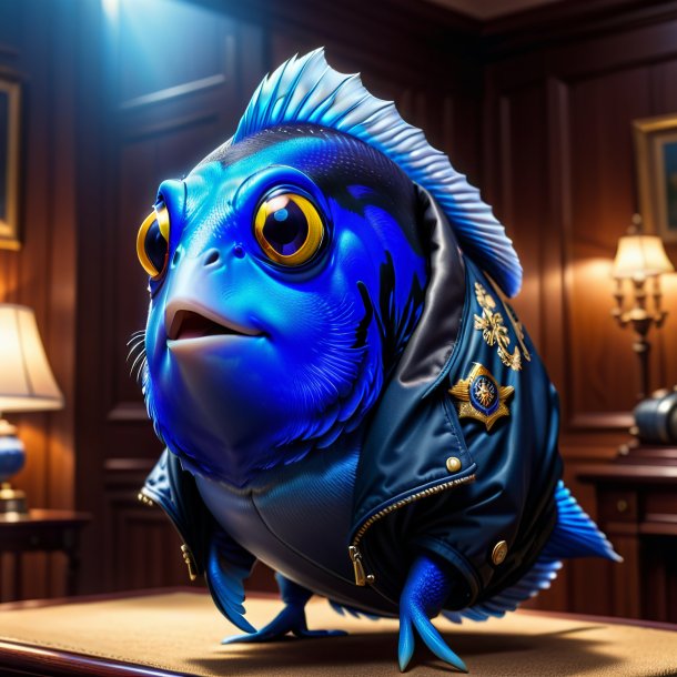 Photo of a blue tang in a jacket in the house