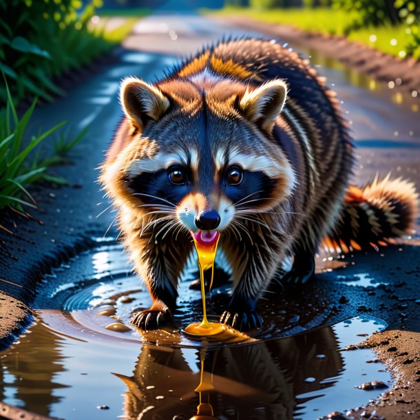 Image of a drinking of a raccoon in the puddle