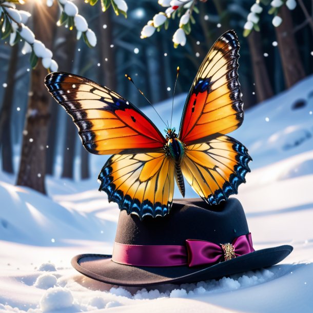 Imagen de una mariposa en un sombrero en la nieve