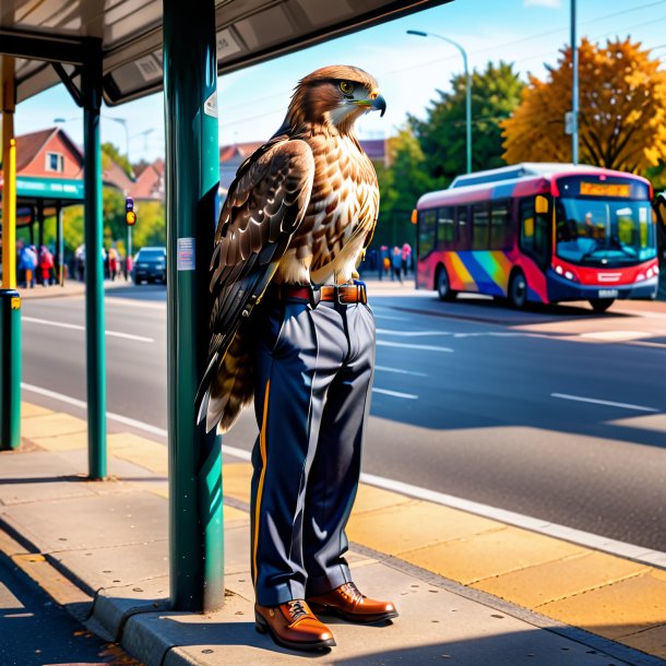 Foto de un halcón en un pantalón en la parada de autobús