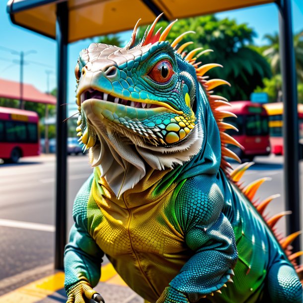 Foto de uma ameaça de uma iguana na parada de ônibus