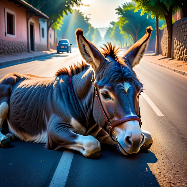 Picture of a sleeping of a donkey on the road