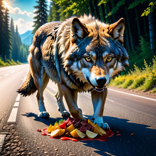 Foto de una comida de un lobo en el camino