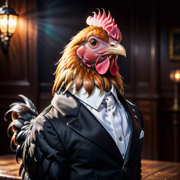 Photo of a hen in a black jacket