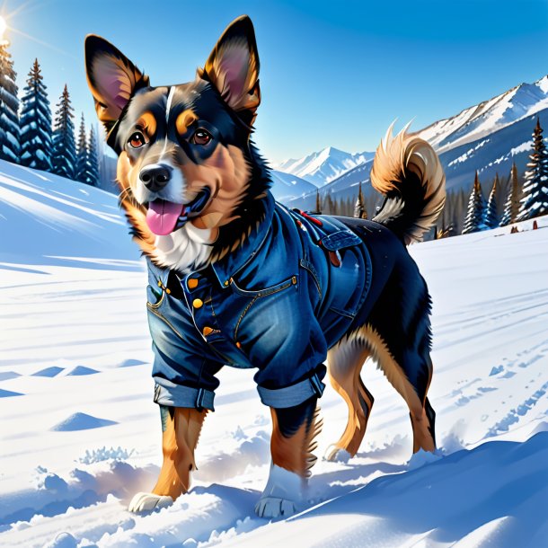 Dessin d'un chien dans un jean dans la neige