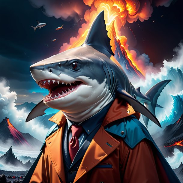 Illustration of a shark in a coat in the volcano