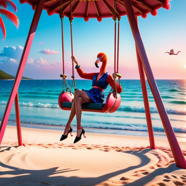 Photo of a swinging on a swing of a flamingo on the beach