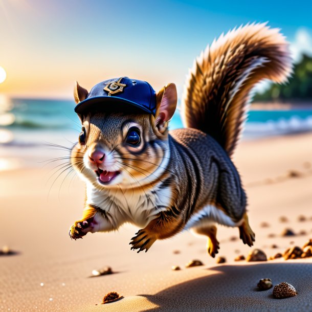 Foto de una ardilla voladora en una gorra en la playa