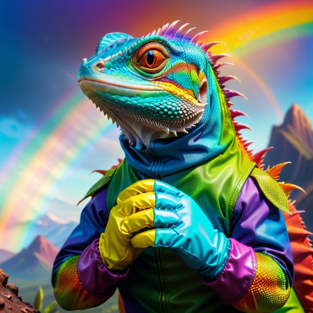 Photo d'un lézard dans un gants sur l'arc-en-ciel