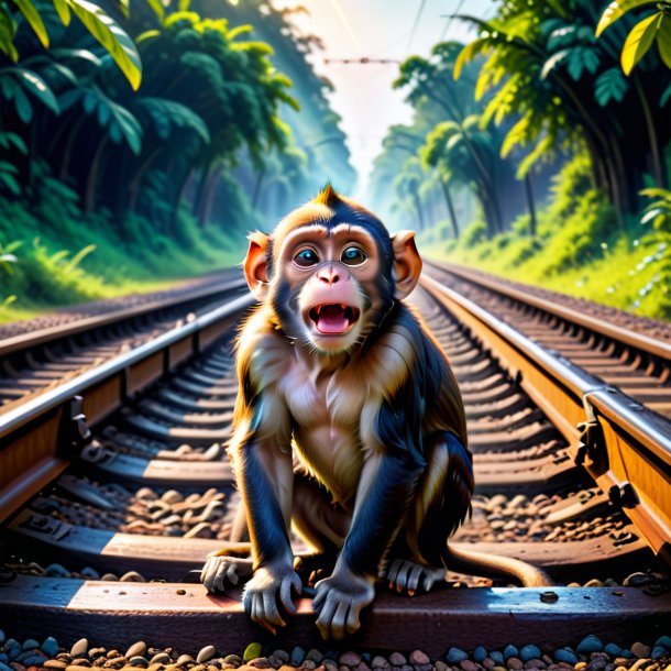 Image of a crying of a monkey on the railway tracks