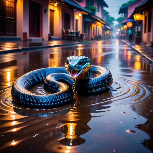 Photo of a dancing of a cobra in the puddle