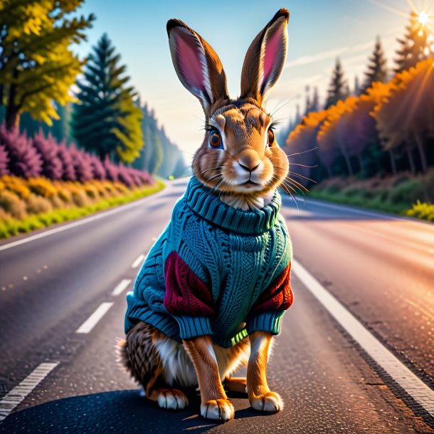 Image of a hare in a sweater on the road