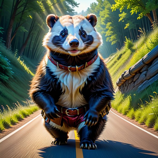 Drawing of a badger in a belt on the road