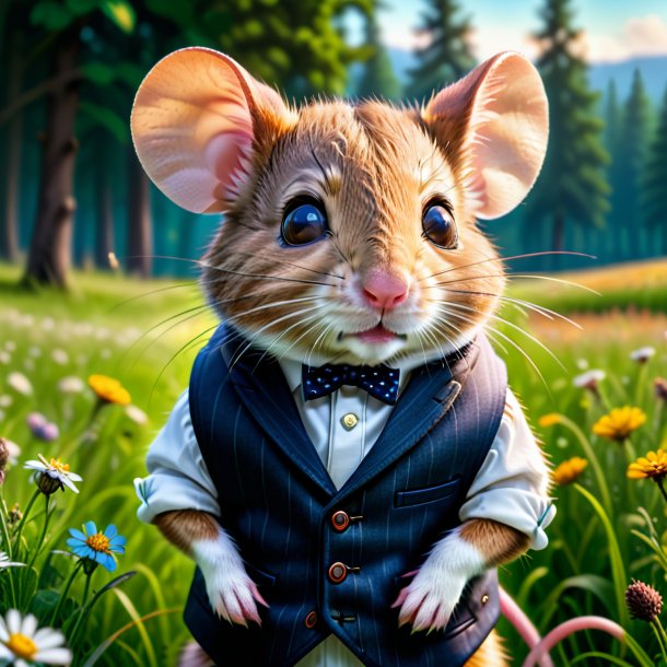 Photo of a mouse in a vest in the meadow