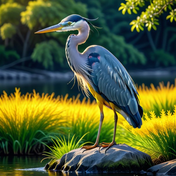 Photo of a heron in a yellow jeans