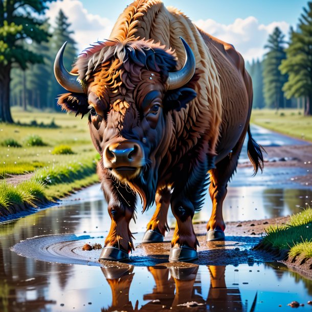 Foto de um bisonte em um sapatos na poça