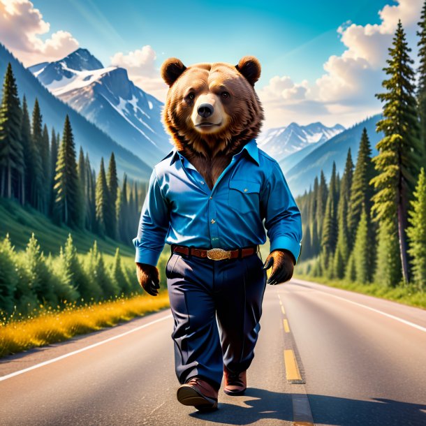 Picture of a bear in a trousers on the road