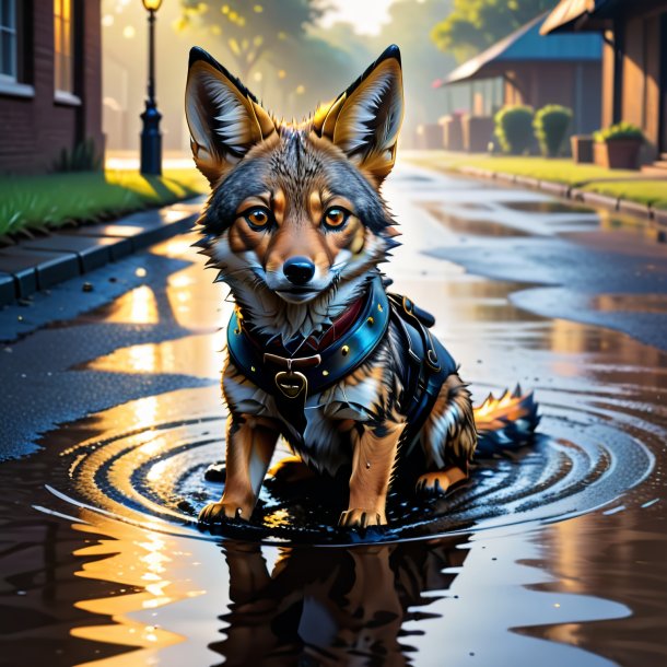 Drawing of a jackal in a belt in the puddle