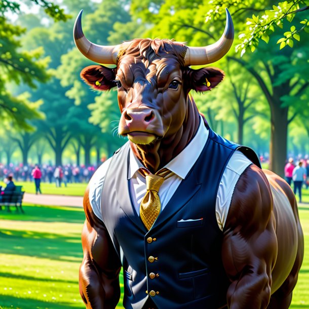 Foto de un toro en un chaleco en el parque