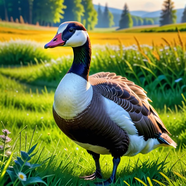 Photo d'une oie dans un gilet dans la prairie