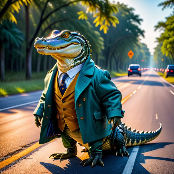 Photo of a alligator in a coat on the road