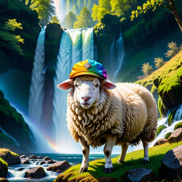 Image of a sheep in a cap in the waterfall