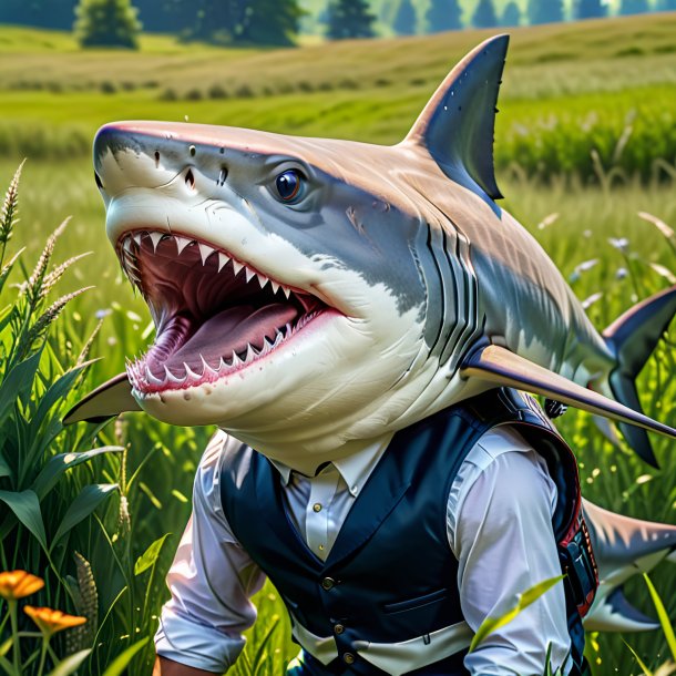 Photo of a shark in a vest in the meadow