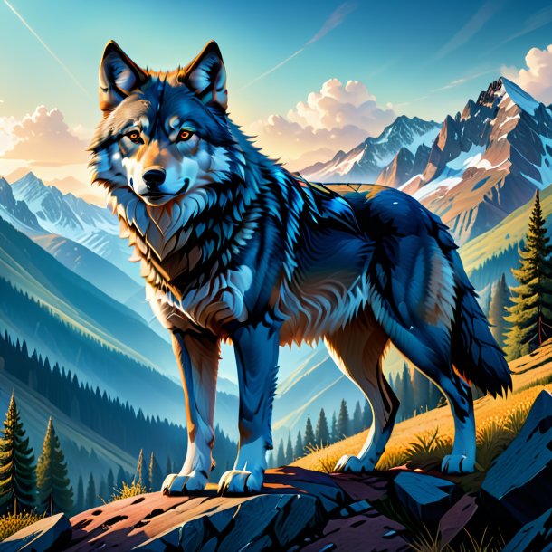 Ilustração de um lobo em um jeans nas montanhas