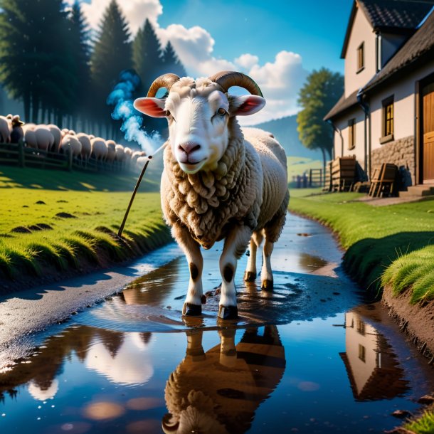Photo of a smoking of a sheep in the puddle