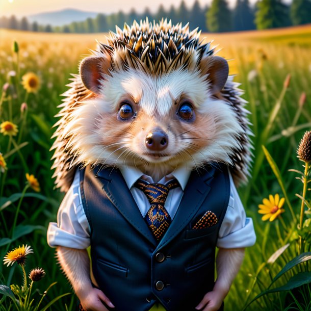 Photo of a hedgehog in a vest in the meadow