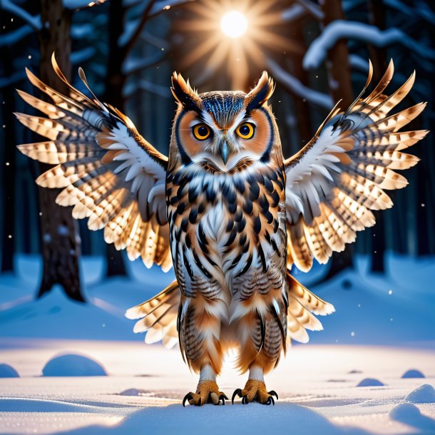 Photo of a dancing of a owl in the snow