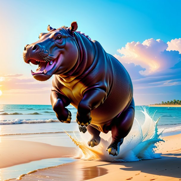 Picture of a jumping of a hippopotamus on the beach