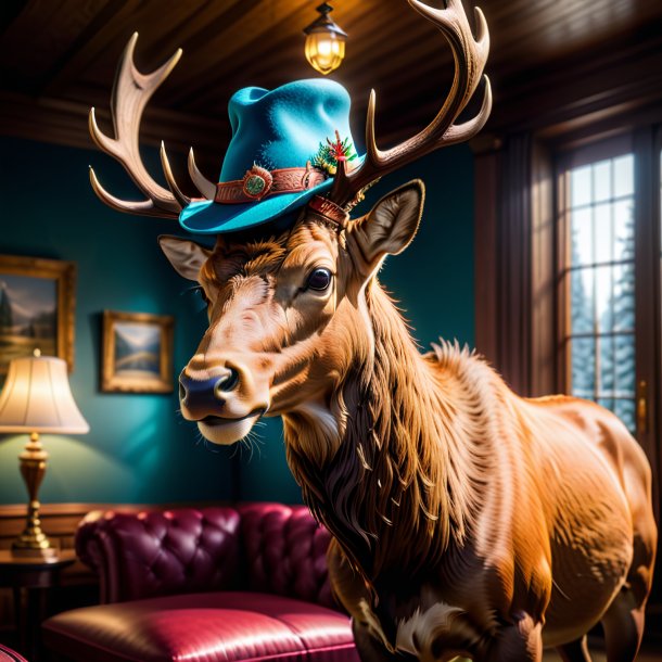 Pic of a elk in a hat in the house