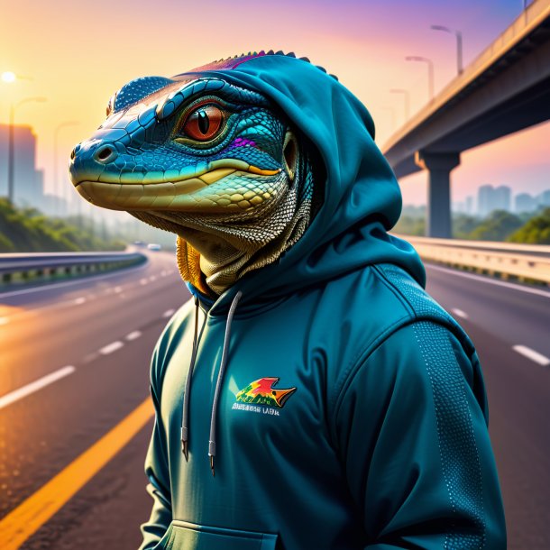 Picture of a monitor lizard in a hoodie on the highway