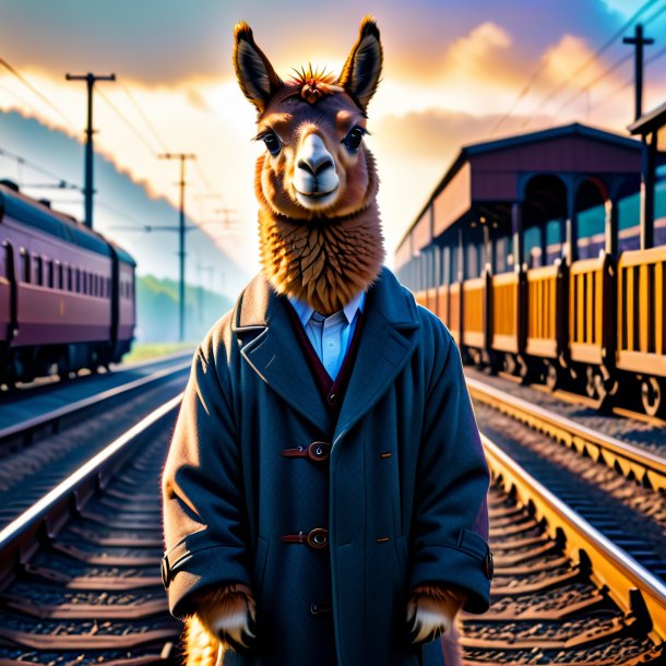 Image of a llama in a coat on the railway tracks