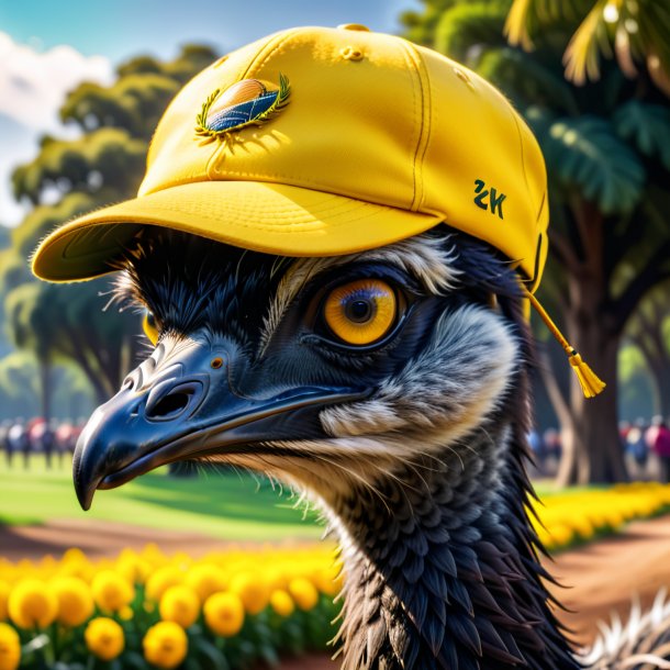 Picture of a emu in a yellow cap