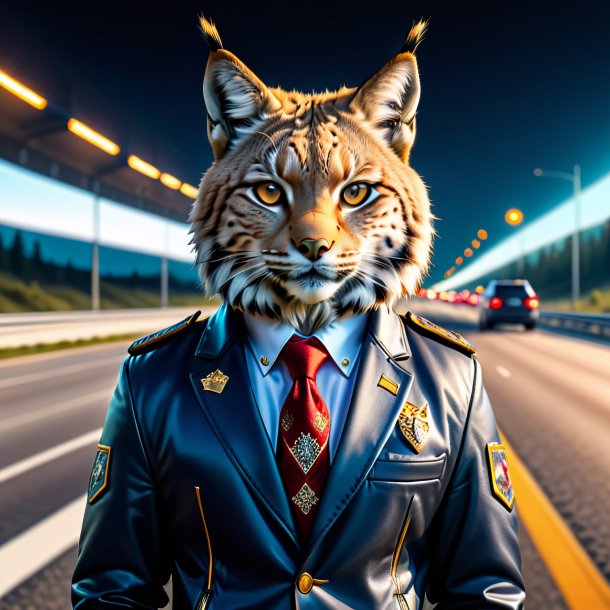 Image of a lynx in a jacket on the highway