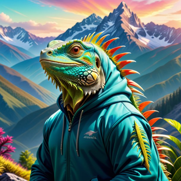 Illustration of a iguana in a hoodie in the mountains