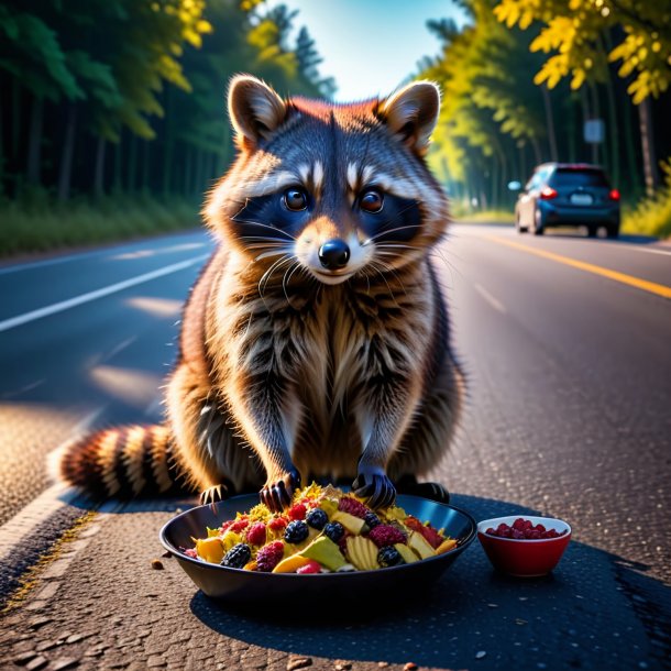 Foto de una comida de un mapache en el camino