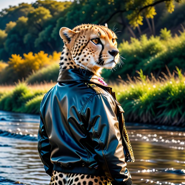 Imagen de un guepardo en una chaqueta en el río