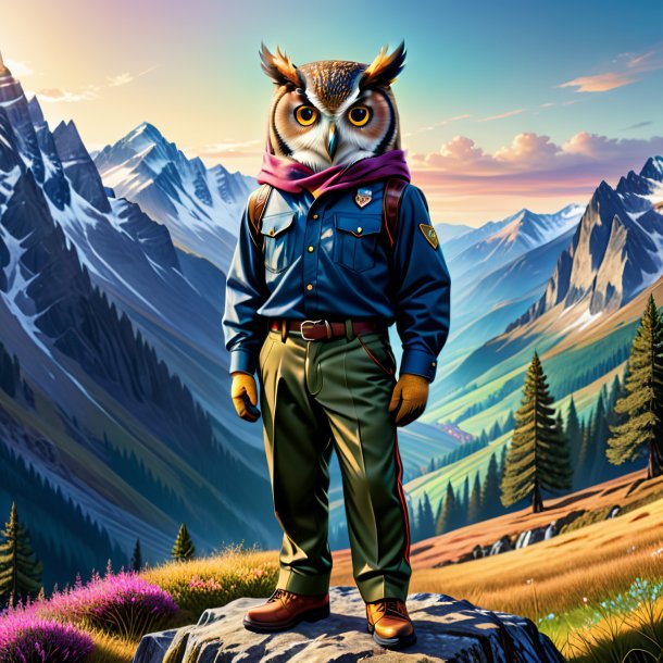 Drawing of a owl in a trousers in the mountains