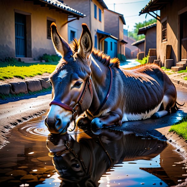 Image of a resting of a donkey in the puddle