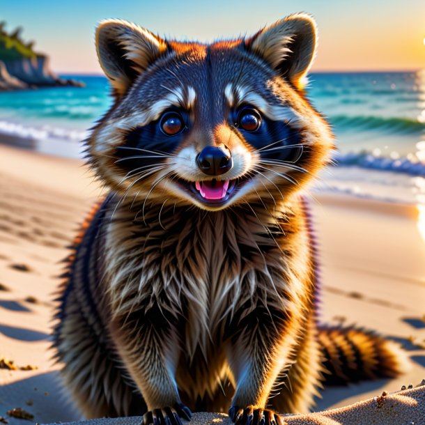 Pic of a smiling of a raccoon on the beach