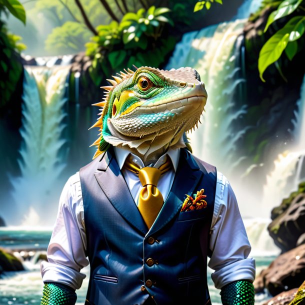 Photo of a lizard in a vest in the waterfall