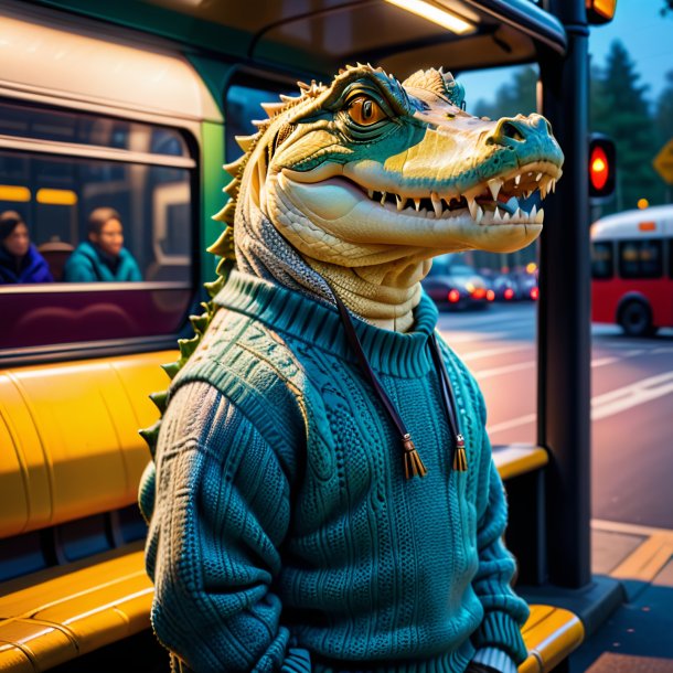 Imagem de um crocodilo em um suéter no ponto de ônibus