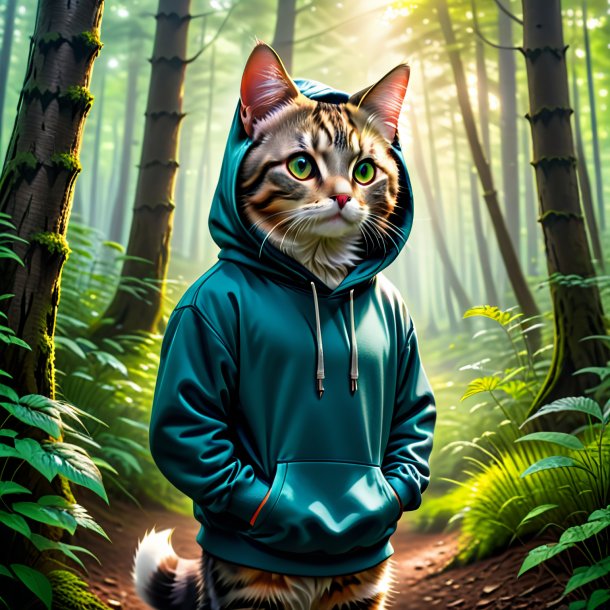 Picture of a cat in a hoodie in the forest